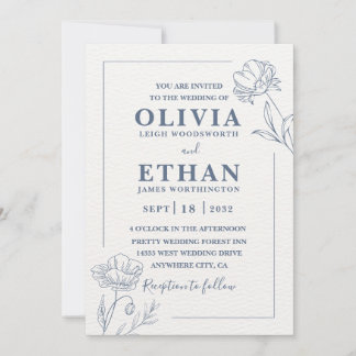 Convite Elegant Minimalist Blue Floral Sketch Wedding 