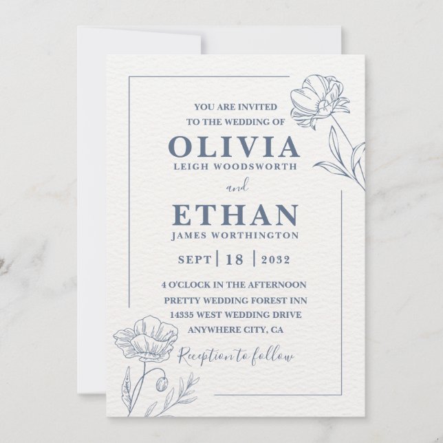 Convite Elegant Minimalist Blue Floral Sketch Wedding  (Frente)