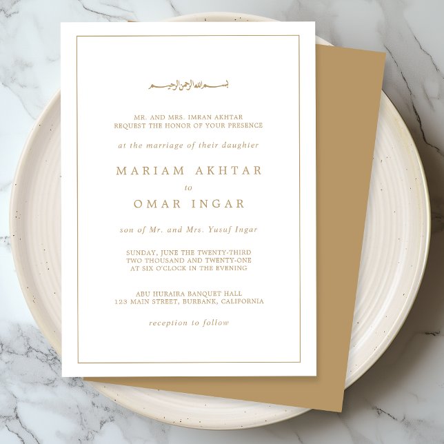 Convite Elegant Minimalist Border Gold Muslim Wedding (Criador carregado)