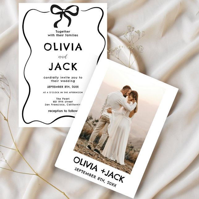 Convite Elegant Minimalist Bow Hand Drawing Photo Wedding (Criador carregado)