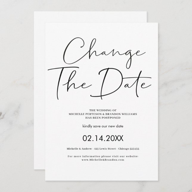 Convite Elegant Minimalist Calligraphy Change The Date (Frente/Verso)