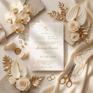 Convite Elegant Minimalist Gold Floral Spanish Wedding