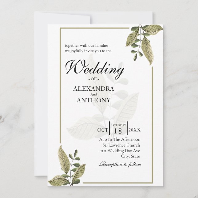 Convite Elegant Minimalist Greenery Wedding Invitation (Frente)