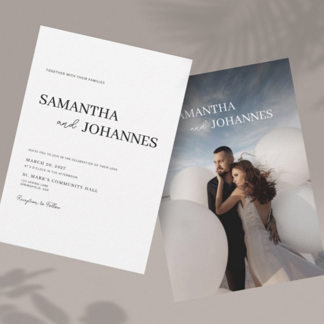 Convite Elegant Minimalist Modern White Photo Wedding  (Criador carregado)