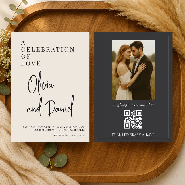 Convite Elegant Minimalist Script Photo QR Code Wedding (Criador carregado)