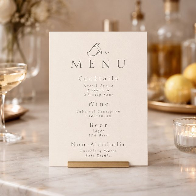 Convite Elegant Minimalist Taupe Wedding Bar Menu Sign (Criador carregado)