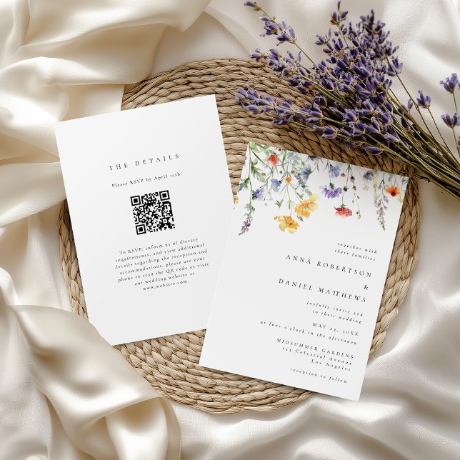 Convite Elegant Minimalist Wildflower QR Code Wedding (Criador carregado)