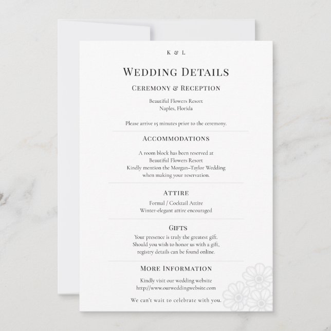 Convite Elegant Minimalist Winter Wedding Details Card (Frente)
