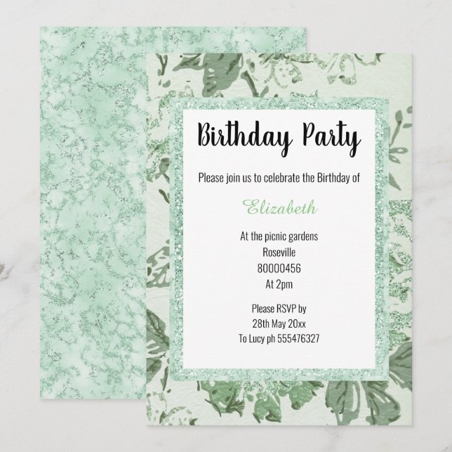 Convite ELEGANT Mint Green Marble Floral Glitter Aniversár (Frente/Verso)