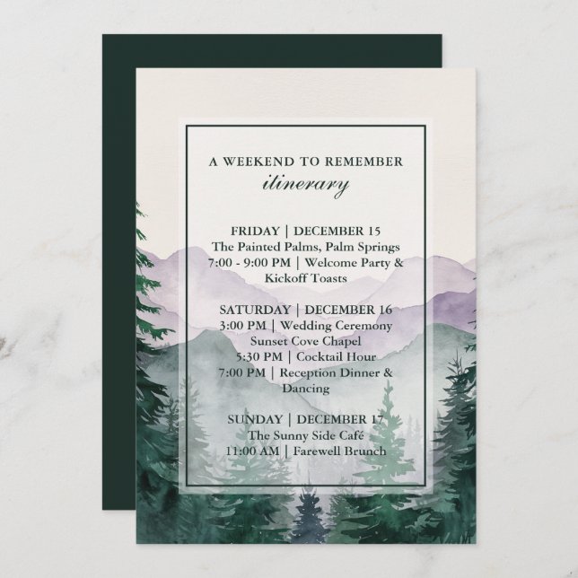 Convite Elegant Misty Mountain Forest Itinerary Card (Frente/Verso)