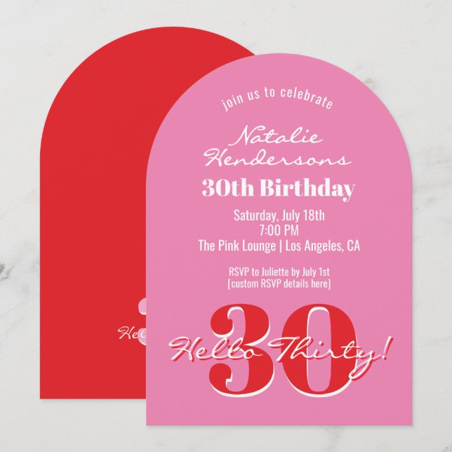 Convite Elegant Modern 30th Birthday Pink Red Typography (Frente/Verso)