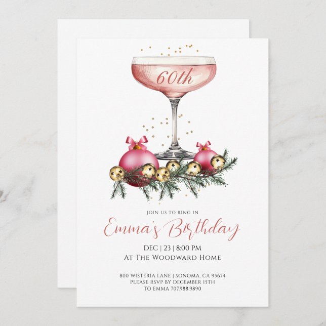 Convite Elegant Modern 60th Christmas Birthday Party (Frente/Verso)