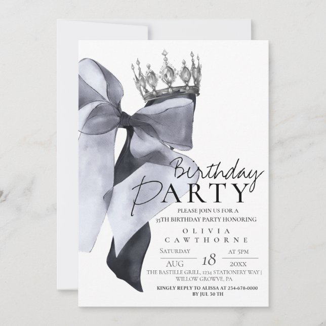 Convite Elegant Modern Black Bow Birthday Party  (Frente)