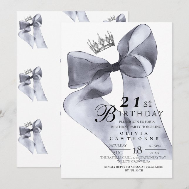 Convite Elegant Modern Black Bow Birthday Party  (Frente/Verso)