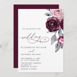 Convite Elegant Modern Burgundy Floral Wedding