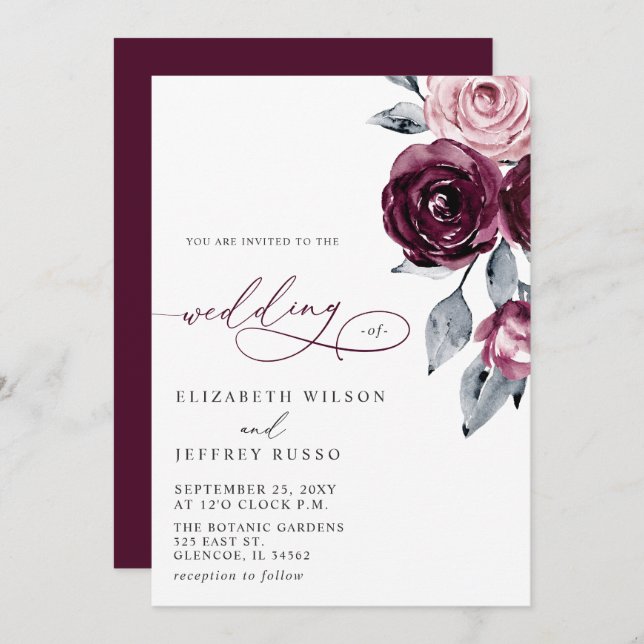 Convite Elegant Modern Burgundy Floral Wedding (Frente/Verso)
