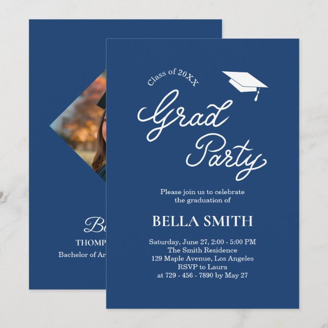 Convite Elegant Modern Calligraphy Photo Graduation Party  (Frente/Verso)