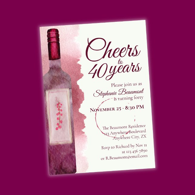 Convite Elegant Modern Cheers Red Wine 40th Birthday Party (Criador carregado)