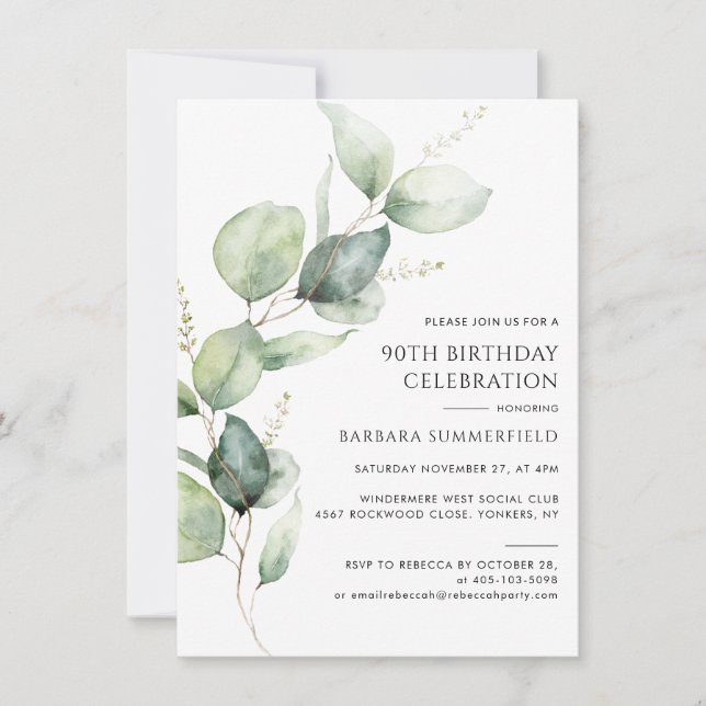 Convite Elegant Modern Eucalyptus 90th Birthday (Frente)