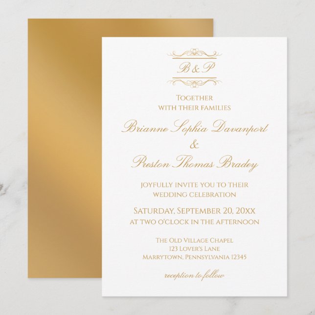 Convite Elegant Modern Gold & White Monogram Wedding (Frente/Verso)