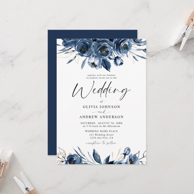 Convite Elegant Modern Navy Blue and Silver Floral Wedding (Frente/Verso In Situ)