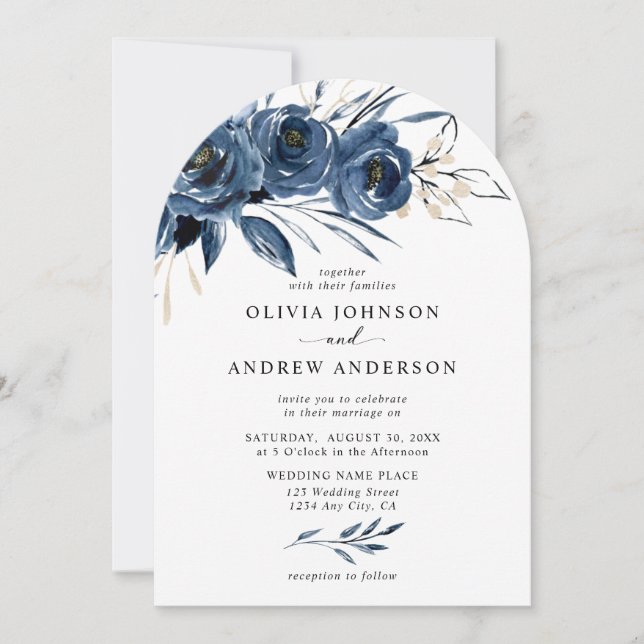 Convite Elegant Modern Navy Blue Arch Floral Wedding (Frente)