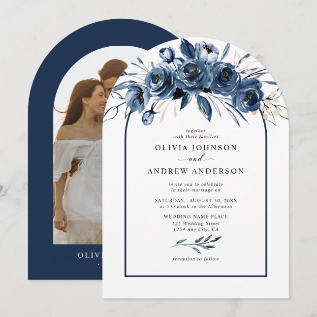 Convite Elegant Modern Navy Blue Floral Arch Photo Wedding (Frente/Verso)