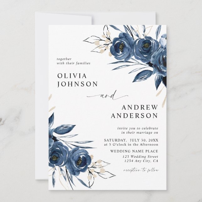 Convite Elegant Modern Navy Blue Floral Wedding (Frente)