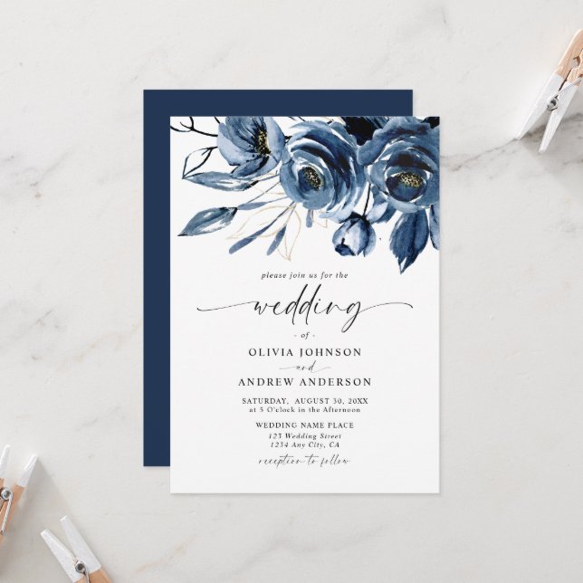 Convite Elegant Modern Navy Blue Flowers & Script Wedding (Frente/Verso In Situ)