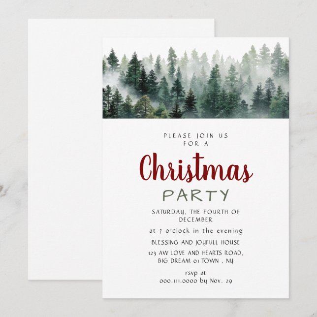 Convite Elegant Modern Pine Forest Christmas Party (Frente/Verso)