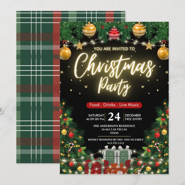 Convite Elegant Modern Plaid Green Christmas Party  (Frente/Verso)