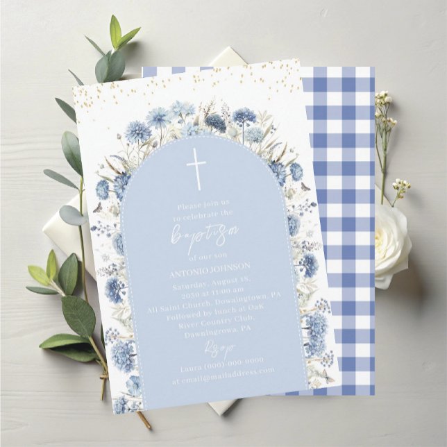 Convite Elegant Modern Watercolor Blue Flowers Baptism (Criador carregado)