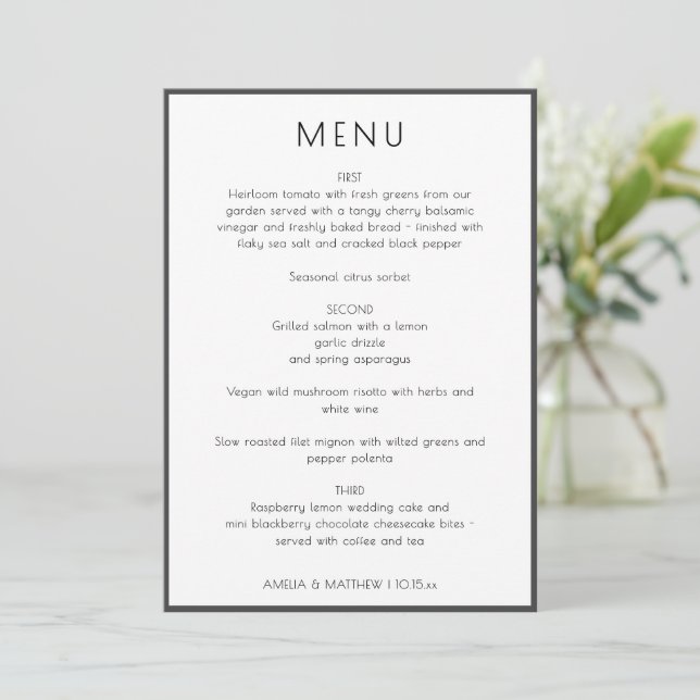 Convite Elegant Modern White Simple Wedding Menu Card (Em pé/Frente)