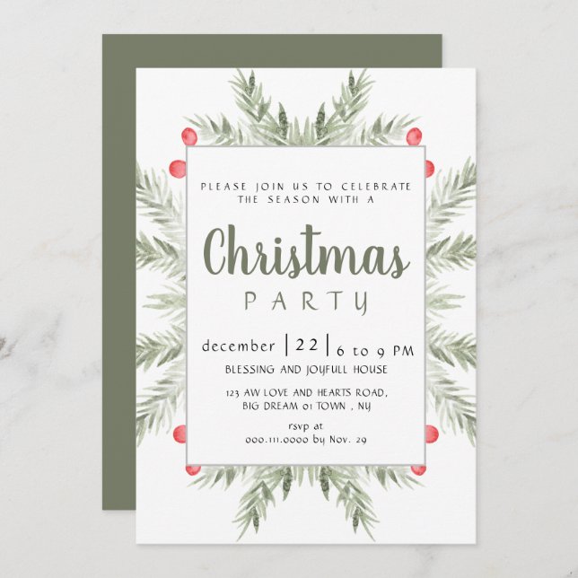 Convite Elegant Modern Winter Greenery Christmas Party (Frente/Verso)