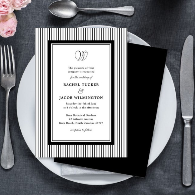 Convite Elegant Monogram Black & White Striped Wedding (Criador carregado)