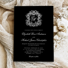 Convite Elegant Monogram Crest Black Wedding