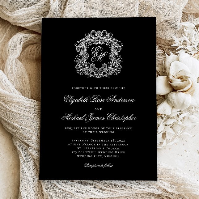 Convite Elegant Monogram Crest Black Wedding (Criador carregado)