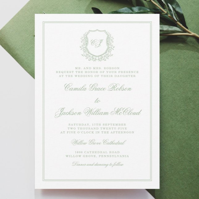 Convite Elegant Monogram Crest Sage Green Wedding (Criador carregado)