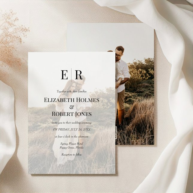 Convite Elegant Monogram Custom Photo QR Code Wedding  (Elegant Monogram Custom Photo QR Code Wedding Invitation on an elegant silky tablecloth)