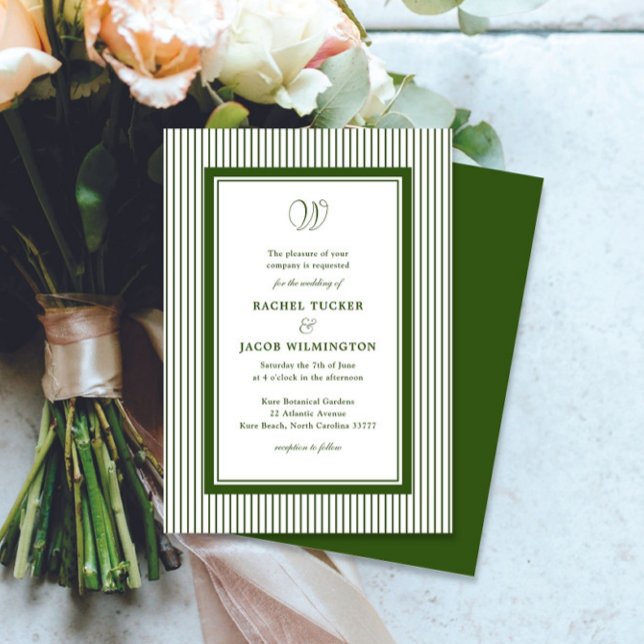 Convite Elegant Monogram Forest Green Striped Wedding (Criador carregado)