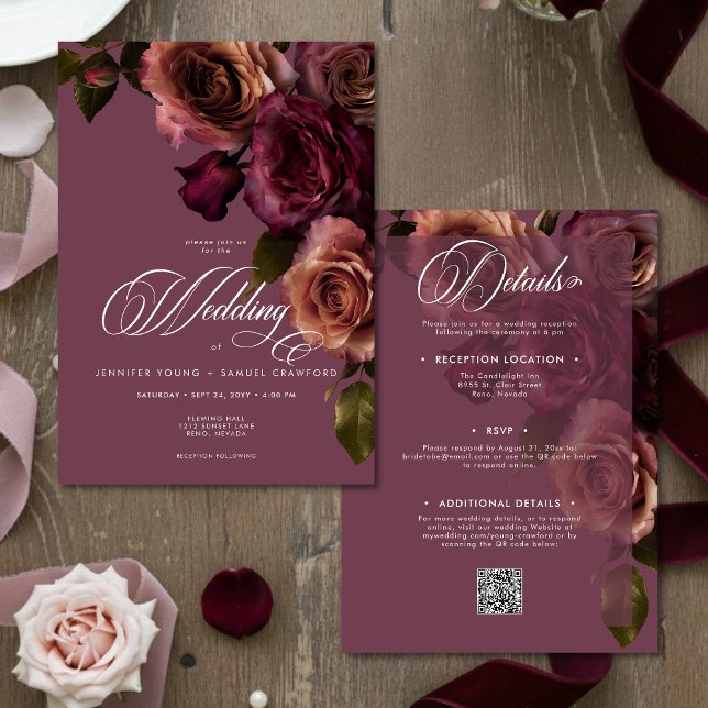 Convite Elegant Moody Rust Burgundy Floral QR Code Wedding (Criador carregado)