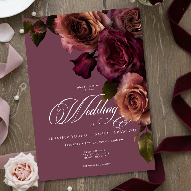 Convite Elegant Moody Soft Rust & Burgundy Floral Wedding (Criador carregado)