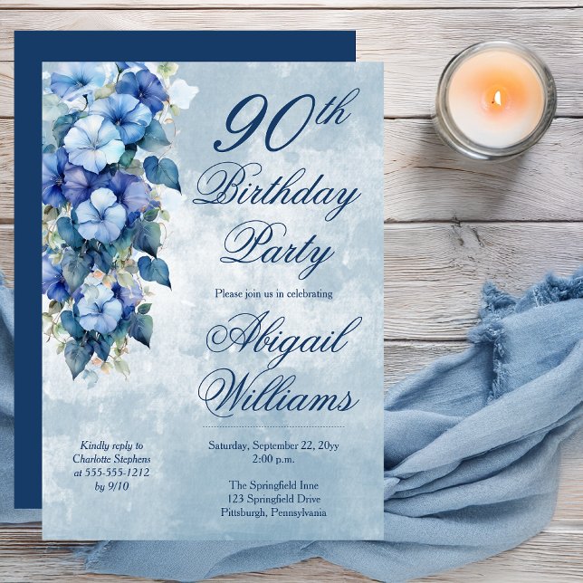 Convite Elegant Morning Glories Blue Floral 90th Birthday  (Boho Elegant Morning Glories Blue Floral 90th Birthday Party Invitation - Print | Digital Download)