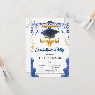 Convite Elegant Navy Blue and Gold Graduation Party 