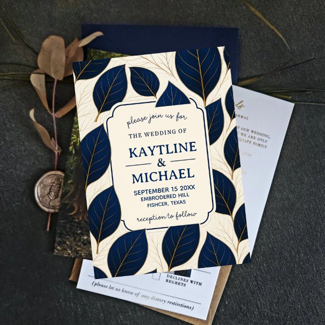 Convite Elegant Navy Blue and Gold Leaf Botanical (Criador carregado)