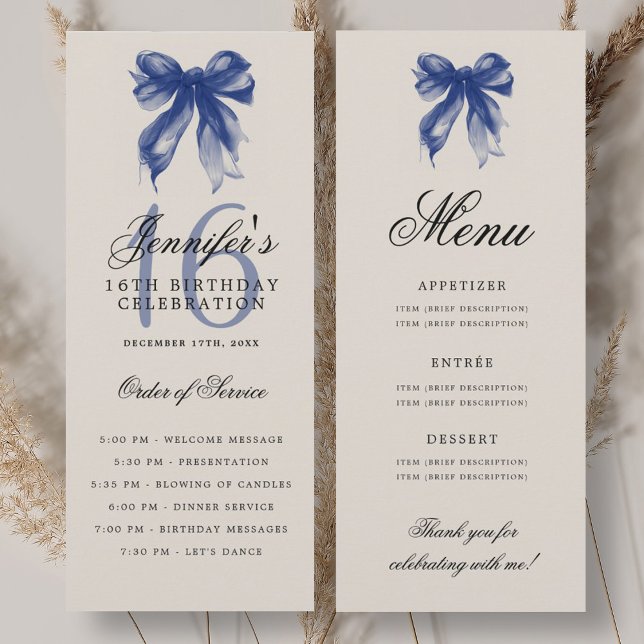 Convite Elegant Navy Blue Bow 16th Birthday Program Menu (Elegant Navy Blue Bow 16th Birthday Program Menu)