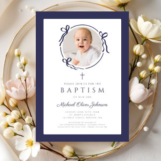 Convite Elegant Navy Blue Bow Photo Baptism
