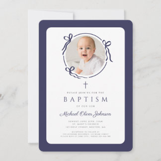 Convite Elegant Navy Blue Bow Photo Boy Baptism
