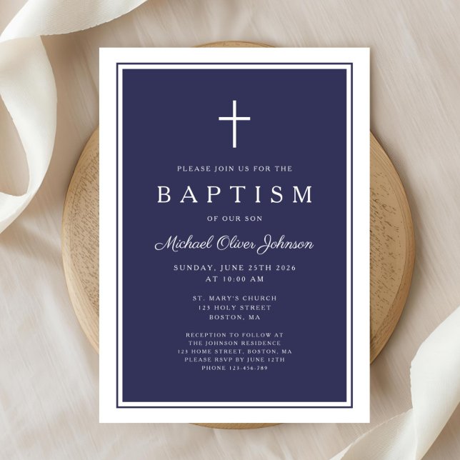 Convite Elegant Navy Blue Cross Baby Boy Baptism (Elegant Navy Blue Cross Baby Boy Baptism Invitation)
