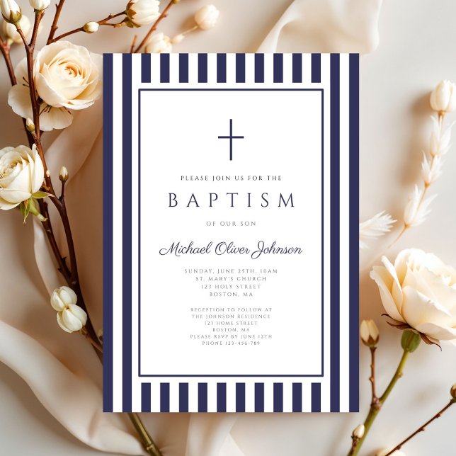 Convite Elegant Navy Blue Cross Boy Baptism (Elegant Navy Blue Cross Boy Baptism Invitation)